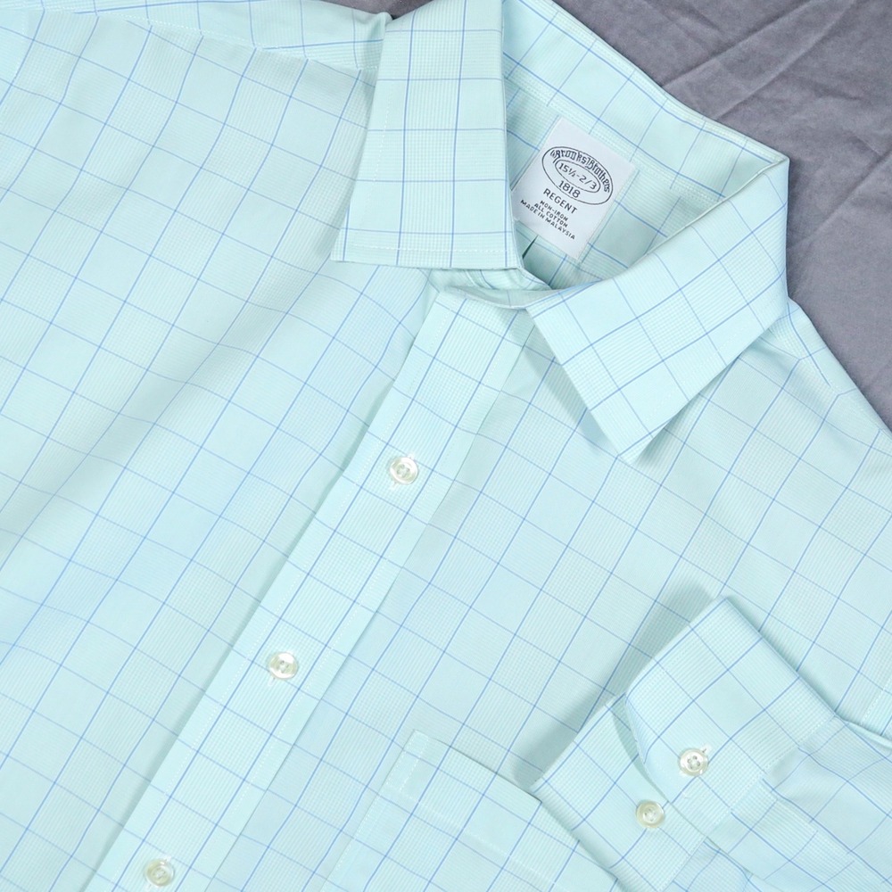 Brooks Brothers Dress Shirt Mens 15.5 32/33 Teal Regent Fit Non-Iron Windowpane